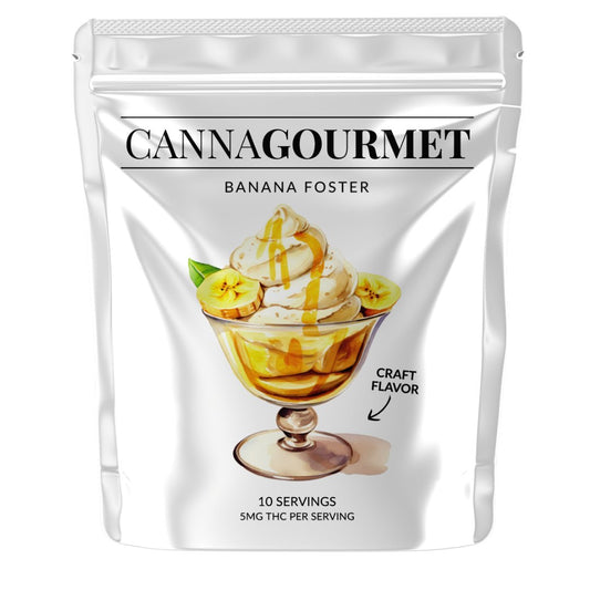 Banana Fosters | 10MG THC Split Gummies | 5mg Per Serving | 50MG Per Package | CannaGourmet | 12 Pack - Emerald Elements